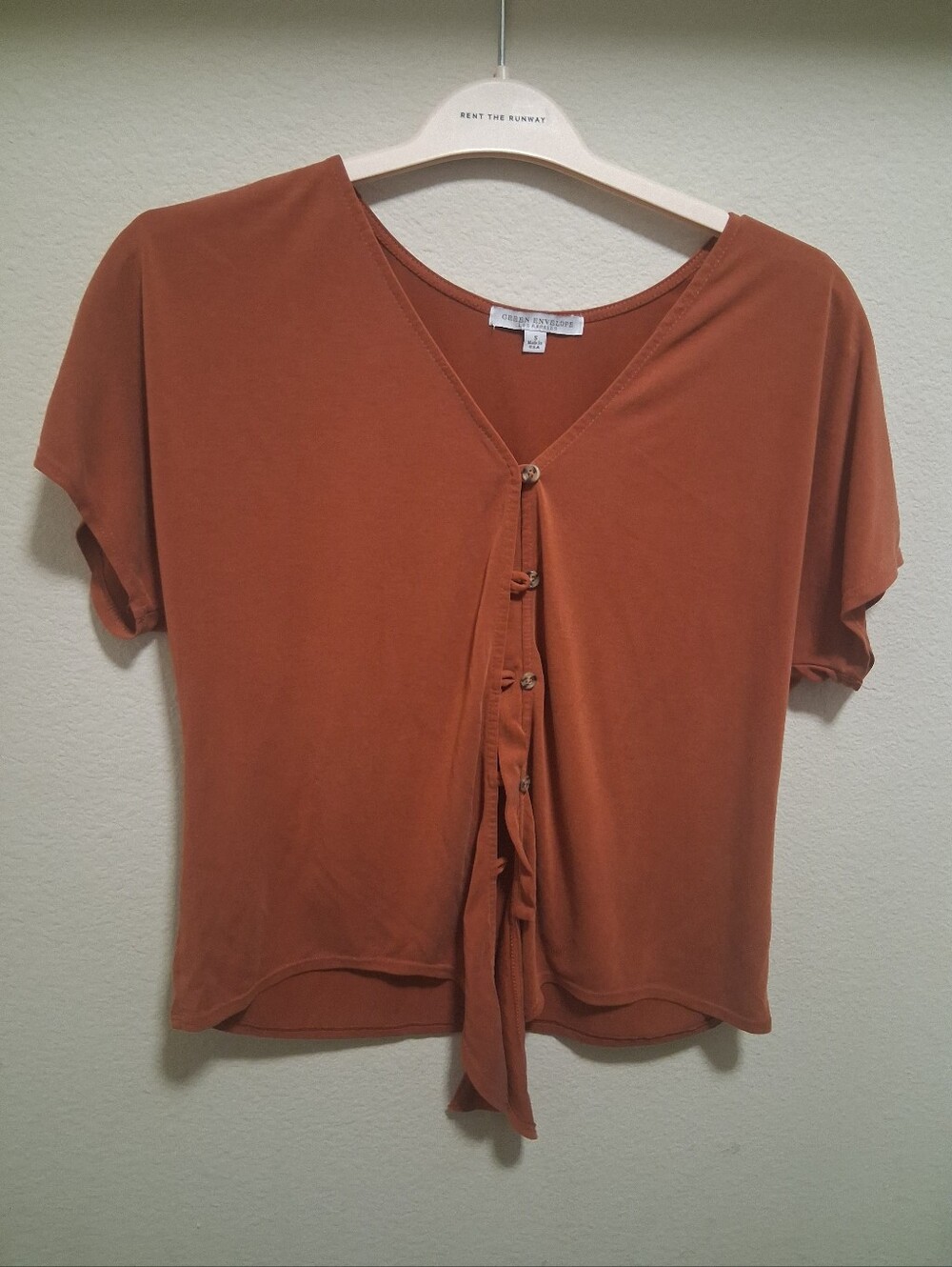 Green Envelope Rust Crop Button-Front Top